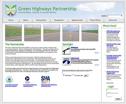 Figure 1. Screen Shot. A screen shot of the home page of the Green Highways Partnership Web site - www.greenhighways.org.