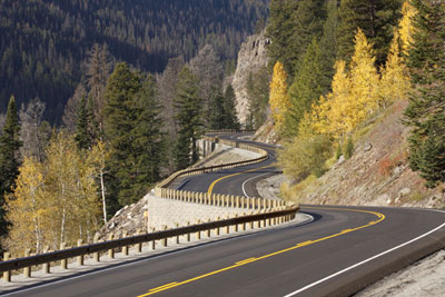 Figure 3. Photo. A view of the East Entrance Road to Yellowstone National Park in Wyoming.