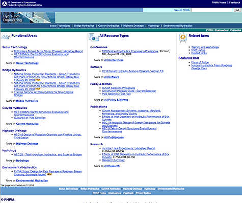 Figure 6. Screen shot. A screen shot from FHWA's Hydraulics Engineering Web site (www.fhwa.dot.gov/engineering/hydraulics/index.cfm).