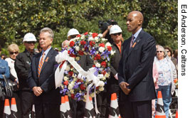 Figure 3. Photo. Caltrans Director Will Kempton and California's Business, Transportation, and Housing Agency Secretary Dale Bonner stand beside a wreath dedicated to those killed working on the Nation's highway system.
