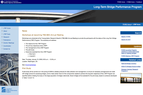 Figure 2. Screen shot. A screen shot from FHWA's Long-Term Bridge Performance program Web site (www.tfhrc.gov/ltbp).