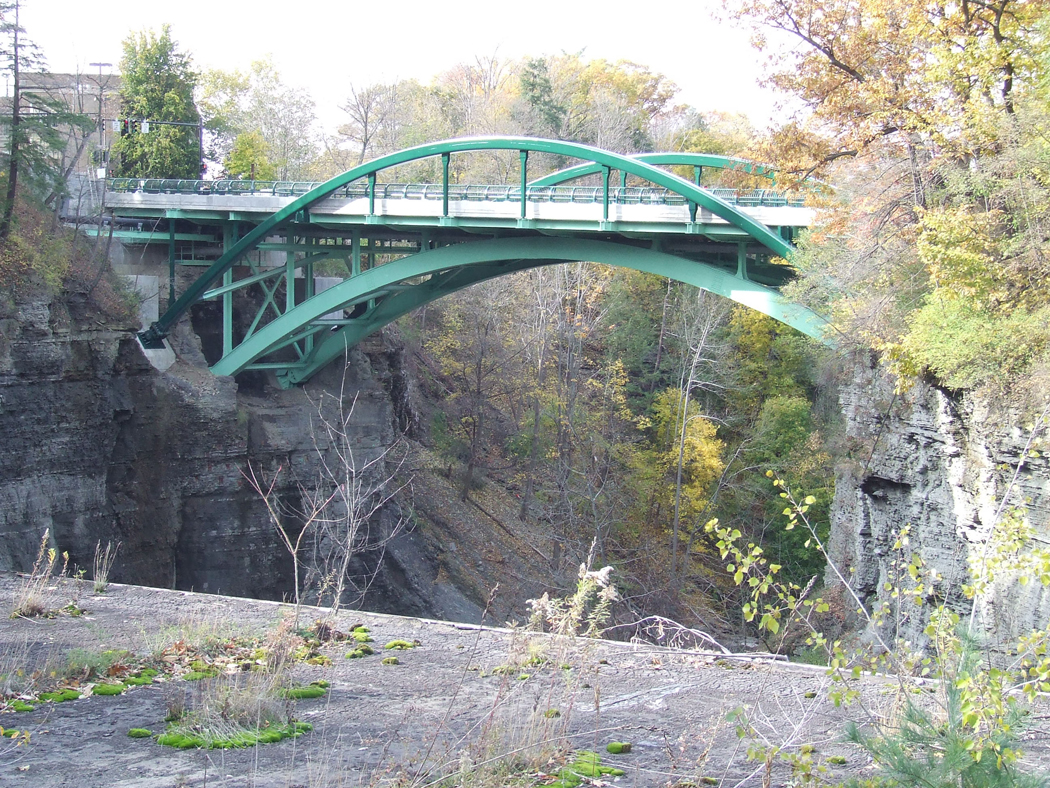 A view of the Thurston Avenue Bridge over Fall Creek in Ithaca, NY. The bridge is bordered by trees.