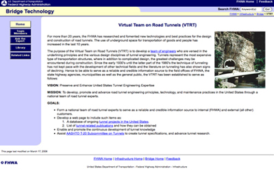 Figure 9. Screen shot. The home page for FHWA's Virtual Team on Road Tunnels www.fhwa.dot.gov/bridge/tunnel/.