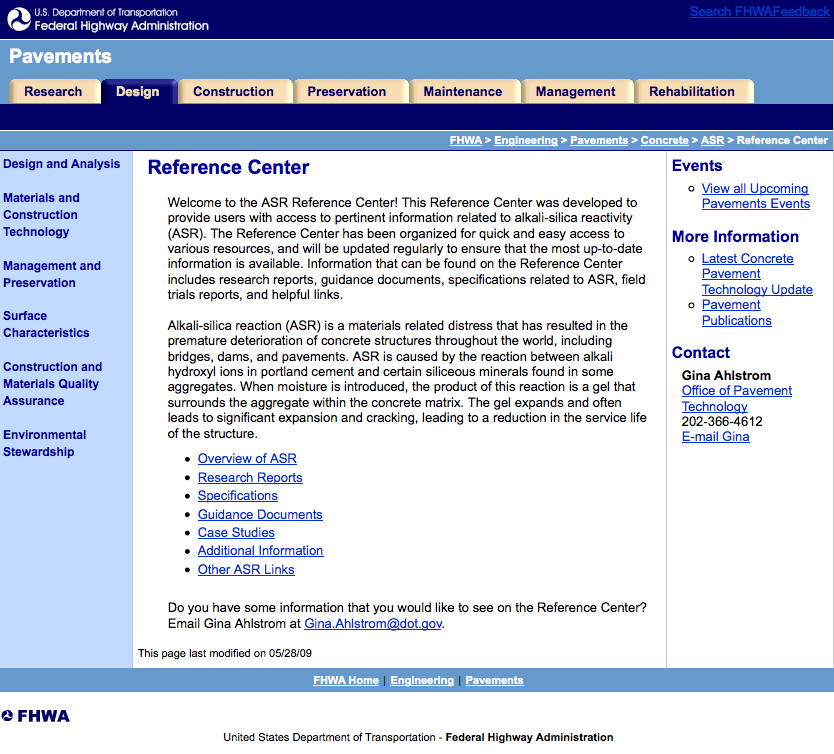 Figure 6. Screenshot. A screenshot of FHWA's new Alkali-Silica Reactivity (ASR) Reference Center Web site (www.fhwa.dot.gov/pavement/concrete/asr/reference.cfm).