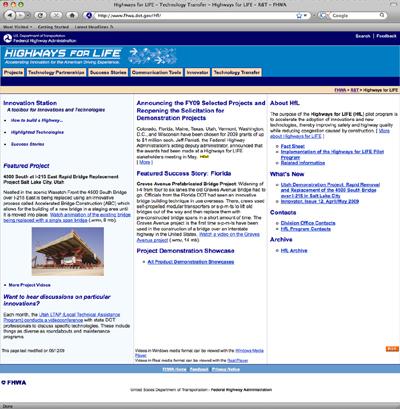 Figure 2. Screenshot. A screenshot of FHWA's Highways for LIFE Web page (www.fhwa.dot.gov/hfl).
