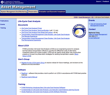 Figure 4. Screen shot. A screen shot of FHWA's Life Cycle Cost Analysis Web page (www.fhwa.dot.gov/infrastructure/asstmgmt/lcca.cfm).