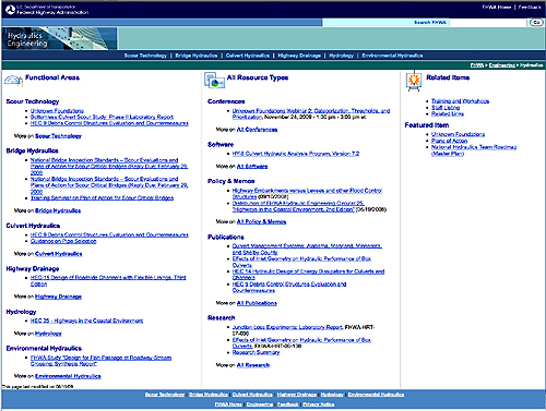A screen shot of the home page of FHWA's Hydraulics Engineering Web site (www.fhwa.dot.gov/engineering/hydraulics/index.cfm).