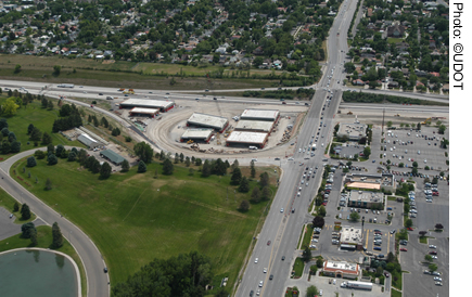 An aerial view of the Utah Department of Transportation's ‘bridge farm," where prefabricated bridges are constructed. Seven prefabricated bridges sit ready for shipping.