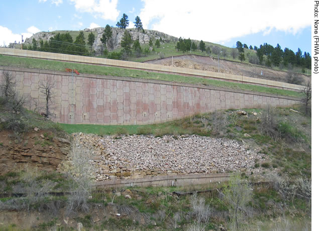 : A close-up view of a mechanically stabilized earth wall near Deadwood, SD.
