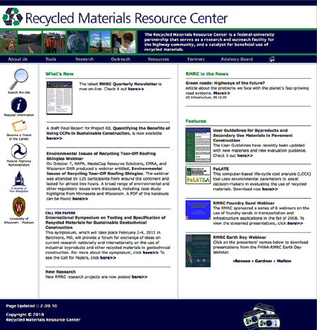 A screen shot of the home page of the Recycled Materials Resource Center Web site (www.recycledmaterials.org).