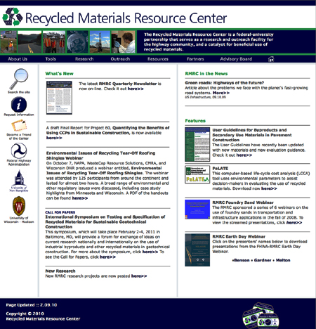 A screen shot of the home page of the Recycled Materials Resource Center Web site (www.recycledmaterials.org).