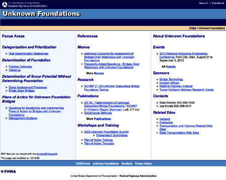 A screen shot of the home page of FHWA's Unknown Foundations Web site (www.fhwa.dot.gov/unknownfoundations).