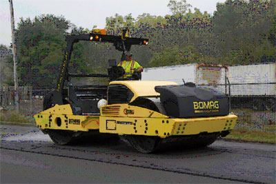A view of an intelligent compaction roller compacting a thin lift of hot-mix asphalt on U.S. 52 in West Lafayette, IN.