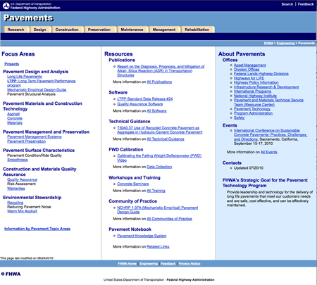 A screenshot of FHWA's Pavements Web site (www.fhwa.dot.gov/pavement).