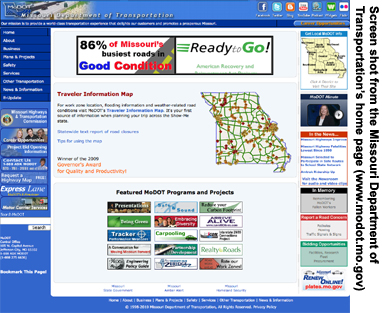 The home page of the Missouri Department of Transportation Web site (www.modot.mo.gov).