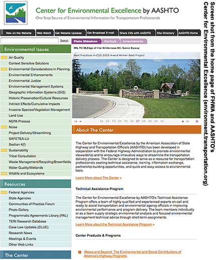 The home page of FHWA and AASHTO's Center for Environmental Excellence (environment.transportation.org).