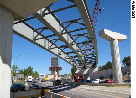 A view of the framework of an overpass under construction as part of the New I-64 project in St. Louis, MO. Traffic is traveling under the overpass. A crane is visible in the background.