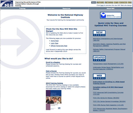A screen shot from the home page of the National Highway Institute (NHI) Web site (www.nhi.fhwa.dot.gov).