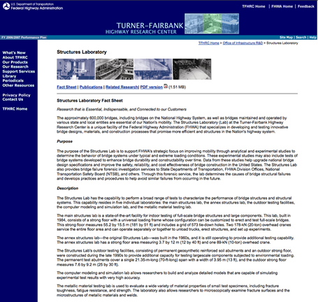 A screen shot from FHWA's Structures Laboratory home page at www.fhwa.dot.gov/publications/research/infrastructure/structures/07060/index.cfm.