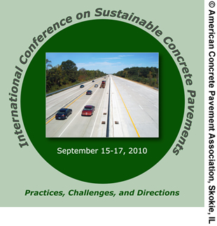 The logo of the International Conference on Sustainable Concrete Pavements, which will be held September 15-17, 2010, in Sacramento, CA. The logo features the words "Practices, Challenges, and Directions."