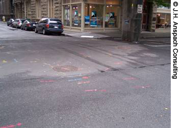 A street level view of a city pavement with markings indicating the location of underground utilities.