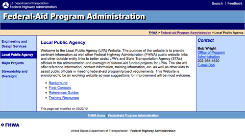 A screen shot of the home page of FHWA's Local Public Agency Web site (www.fhwa.dot.gov/federalaid/lpa/index.cfm).
