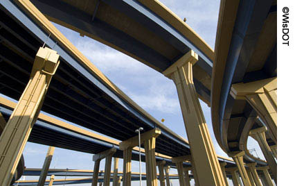A view of the underside of the reconstructed Marquette Interchange in Milwaukee, Wisconsin.