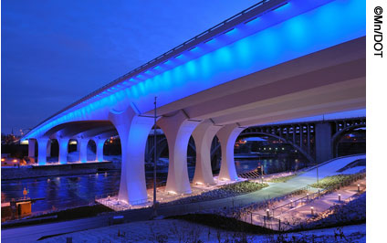 A nighttime view of the new I-35W Bridge in Minneapolis, Minnesota.
