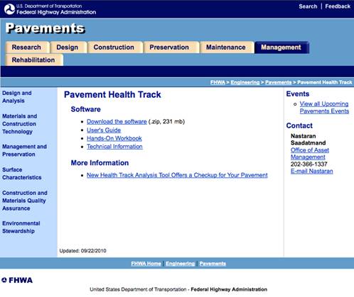 A screen shot from the home page for FHWA's Pavement Health Track Analysis Tool (www.fhwa.dot.gov/pavement/healthtrack/index.cfm).