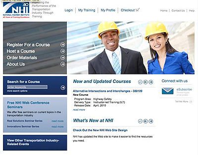 A screen shot from the home page of the National Highway Institute (www.nhi.fhwa.dot.gov). A photo on the home page shows a man and a woman in business attire and hard hats.