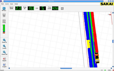 An intelligent compaction roller display screen shows a graphic indicating where the roller is located and where it has been. This allows agencies and contractors to identify pavement areas that have received overlapping passes and areas that have not had the target number of passes applied.