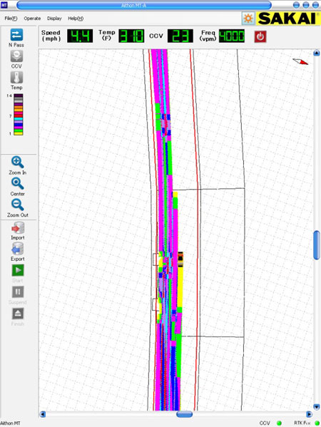 A close-up of an intelligent compaction roller display screen. The image displayed allows agencies and contractors an opportunity to locate and evaluate the stiffness of pavement sections, so that they can address areas that are too soft or not uniform.