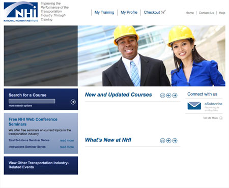 A screen shot from the home page of FHWA's National Highway Institute (www.nhi.fhwa.dot.gov).