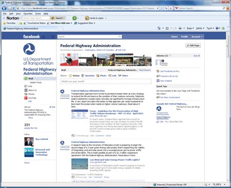 A screenshot of FHWA's Facebook page (www.facebook.com/pages/Federal-Highway-Administration/175380479155058).