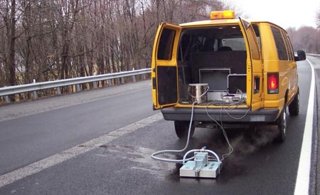 A view of the Dynamic Friction Tester in use on a two-lane highway in Maryland. A van, with rear doors open, is pulling the equipment behind it along the pavement. The tester is connected to equipment inside the van through a hose and cables.