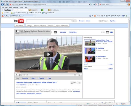 A screenshot of FHWA's YouTube channel (www.youtube.com/user/USDOTFHWA).