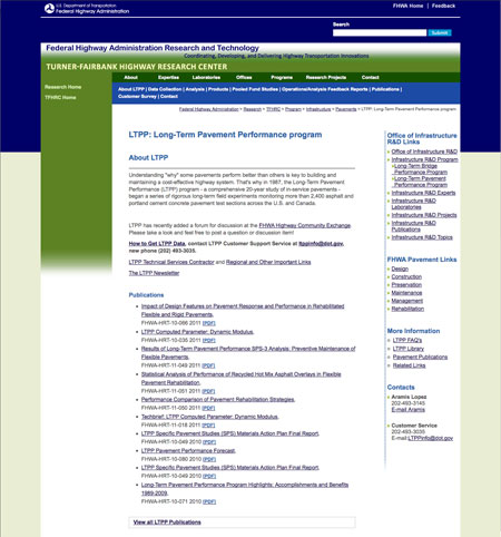 A screen shot of the home page for FHWA's Long Term Pavement Performance program (www.fhwa.dot.gov/pavement/ltpp).