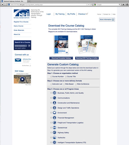 A screen shot showing the home page for the National Highway Institute's 2011 catalog (www.nhi.fhwa.dot.gov/training/down_catalog.aspx).