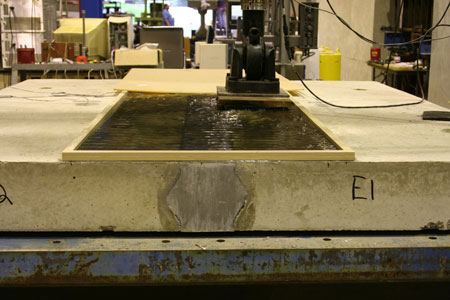 A close-up view of ultra-high performance concrete connections undergoing testing in a laboratory at FHWA's Turner-Fairbank Highway Research Center in McLean, VA.