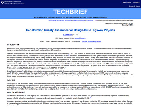 The cover of the FHWA Tech Brief, Construction Quality Assurance for Design-Build Highway Projects (Pub. No. FHWA-HRT-12-039).