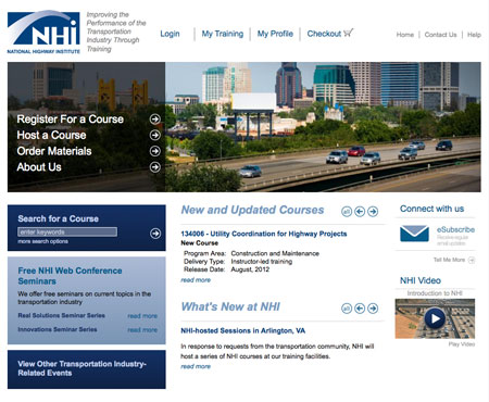 A screenshot from the home page of the National Highway Institute (www.nhi.fhwa.dot.gov).