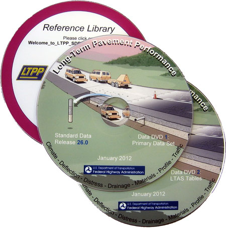 A graphic image showing three DVDs from the FHWA Long-Term Pavement Performance (LTPP) program's Standard Data Release 26. The release contains the complete LTPP pavement performance database.