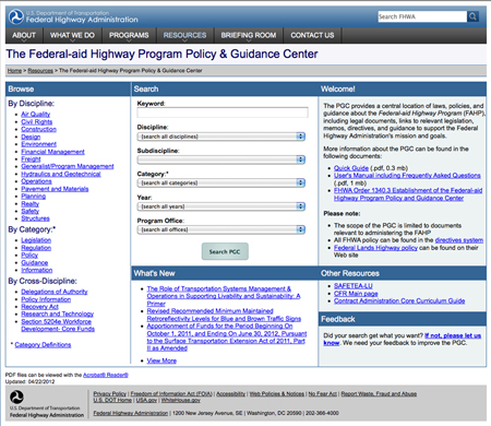A screen shot from the Federal-Aid Highway Program Policy and Guidance Center (www.fhwa.dot.gov/pgc).
