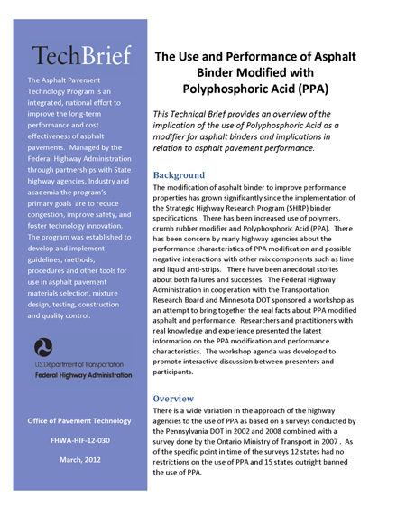 The cover of an FHWA Tech Brief, The Use and Performance of Asphalt Binder Modified with Polyphosphoric Acid.