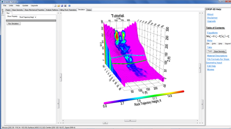 A graphical representation of a 3D slope analysis performed using the CRSP-3D software program. The analysis shows the rock trajectory height.