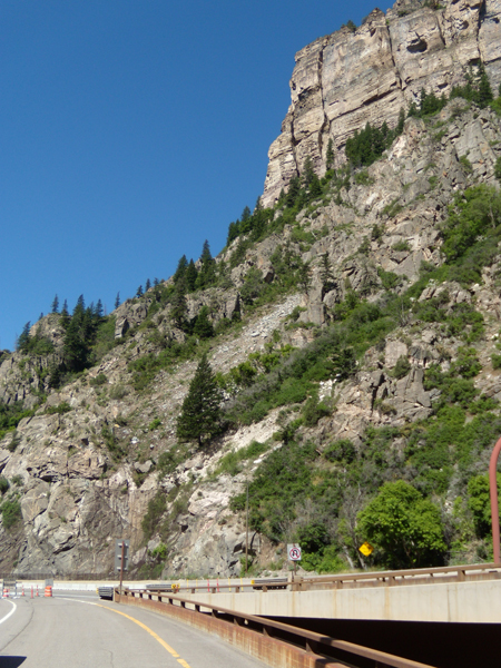 A view from the roadway of the limestone escarpment above the Glenwood Canyon Viaduct in Colorado. The rocky slope next to the roadway is dotted with trees and shrubbery.