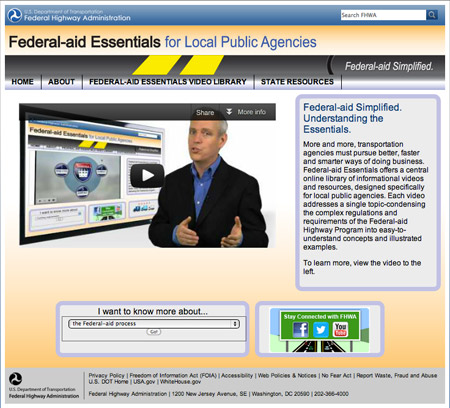 Screen shot from the home page of the Federal-aid Essentials for Local Public Agencies online video library (www.fhwa.dot.gov/federal-aidessentials).