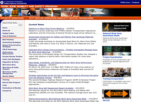 Home page of FHWA's Work Zone Mobility and Safety Program (www.ops.fhwa.dot.gov/wz).