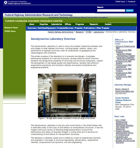 Screen shot from the home page for FHWA's Aerodynamics Laboratory (www.fhwa.dot.gov/research/tfhrc/labs/aerodynamics).