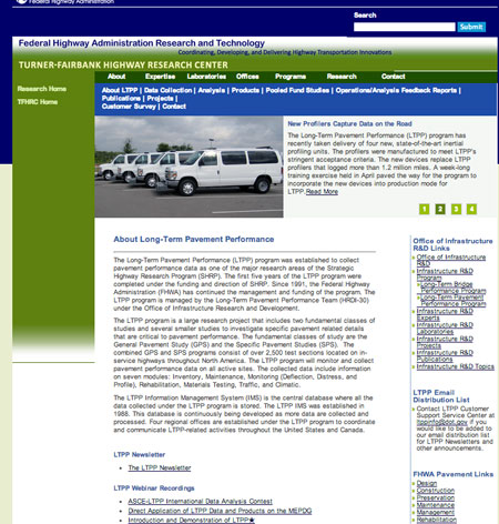 Screen shot from the home page for FHWA's Long-Term Pavement Performance program (www.fhwa.dot.gov/research/tfhrc/programs/infrastructure/pavements/ltpp).
